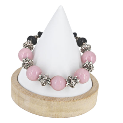 Italian Pink Black Round Murano Glass and Austrian Crystal Cuff Bracelet with Sterling Silver Clasp  