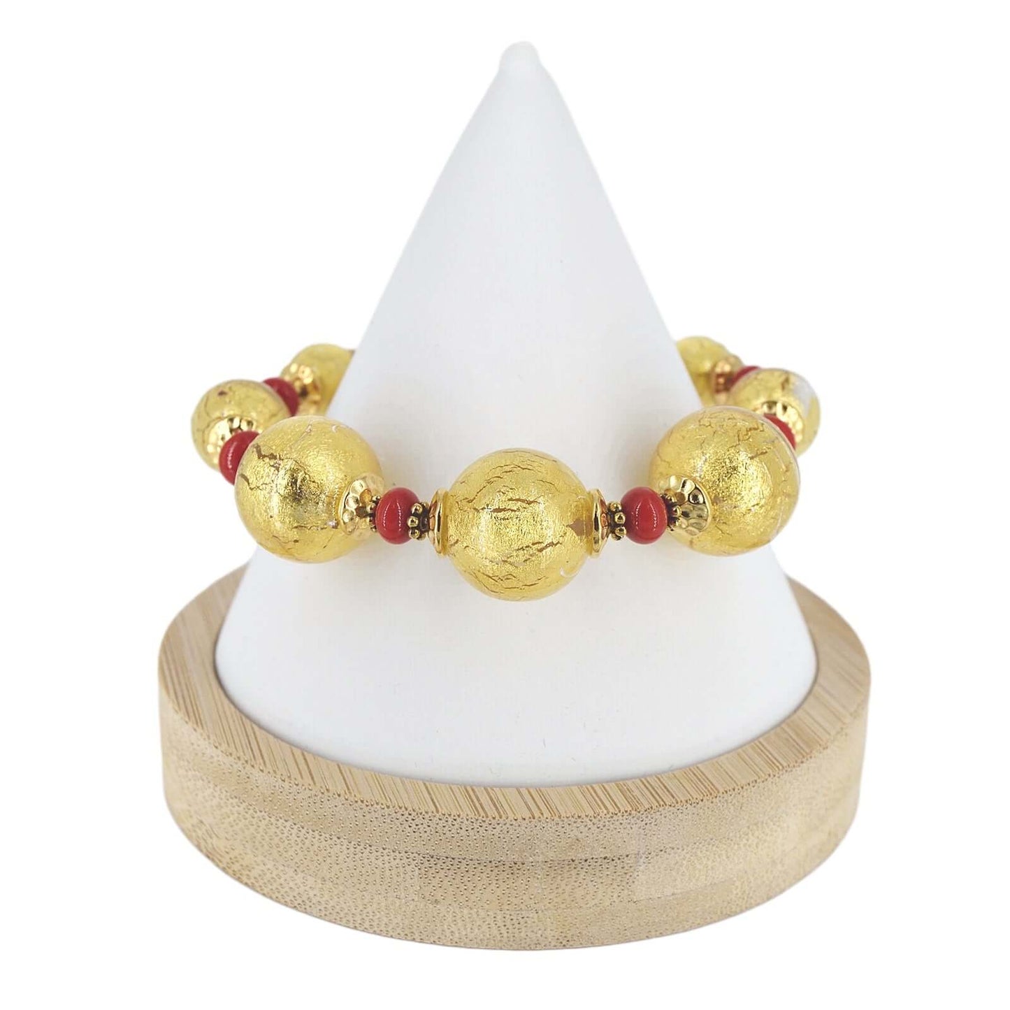 Gold and Red Venetian Bead Wire Bracelet with Gold-Filled Clasp  