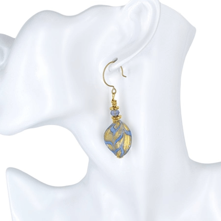 Blue and Gold Wavy Murano Glass Earrings with Austrian Crystals on Gold Filled Earring Wires  