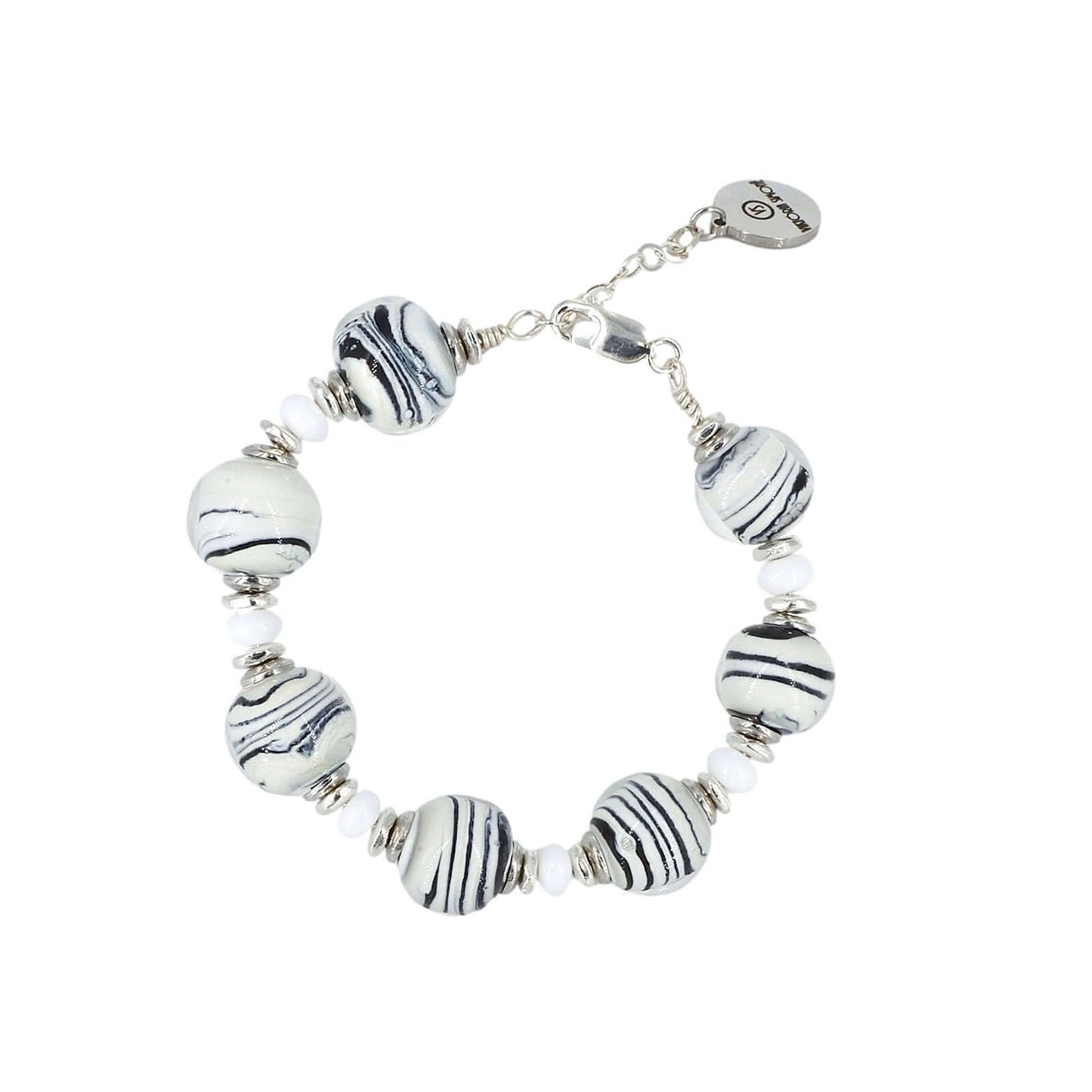 Italian White & Black Stripes Murano Glass & Crystal Bead Bracelet  