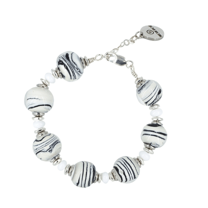 Italian White & Black Stripes Murano Glass & Crystal Bead Bracelet  