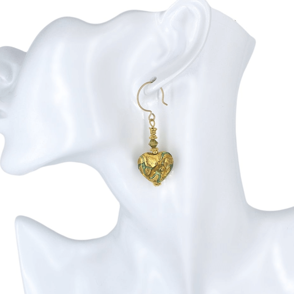 Gold and Green Murano Glass Beaded Heart Earrings with Austrian Crystals on Gold Filled Earrings  