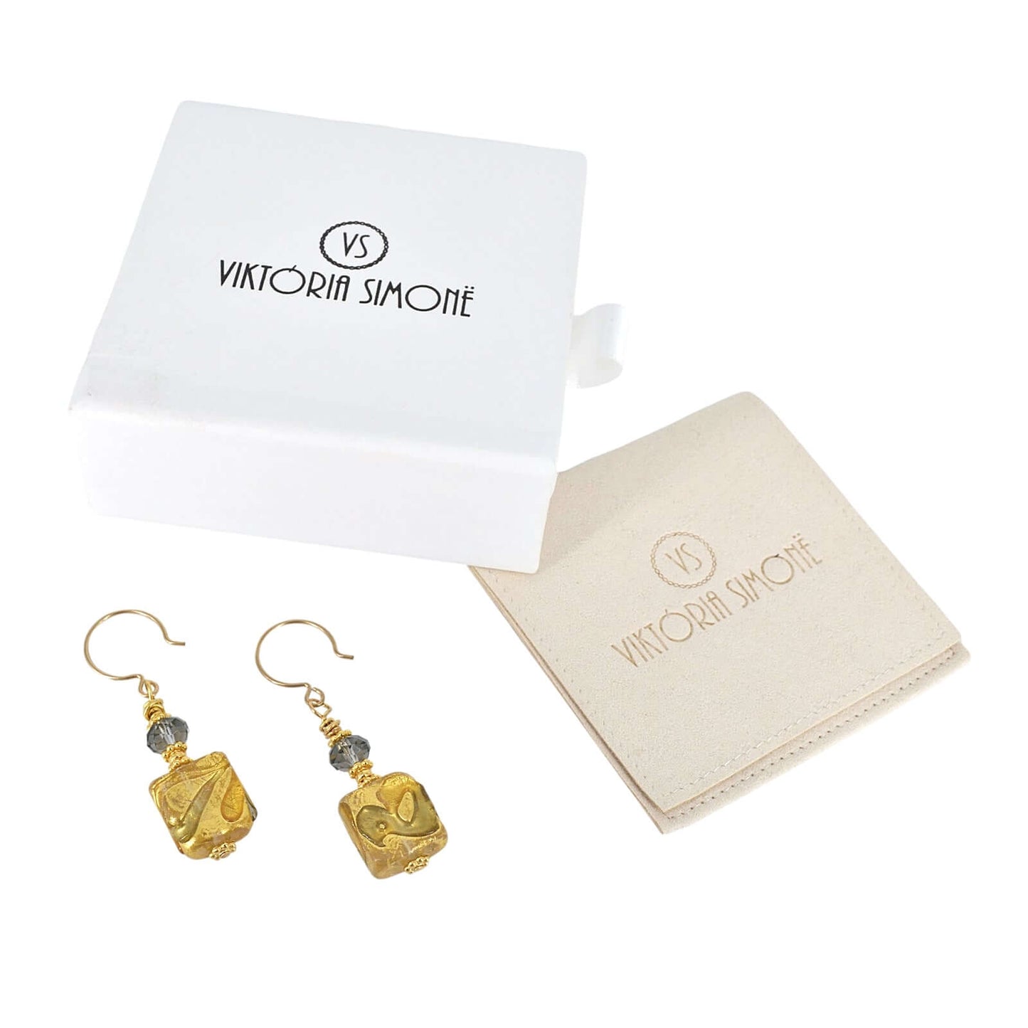 Gold Square Murano Glass Beaded Dangle Earrings with Austrian Crystal on Gold-Filled Earring Wires  