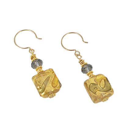 Gold Square Murano Glass Beaded Dangle Earrings with Austrian Crystal on Gold-Filled Earring Wires  