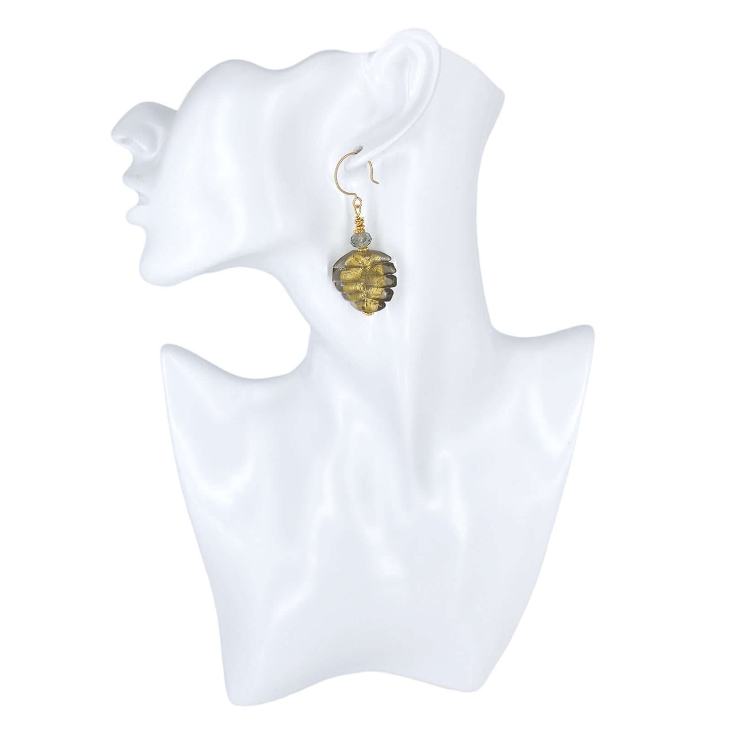 Gold and Gray Wavy Murano Glass Earrings with Austrian Crystals on Gold Filled Earring Wires  