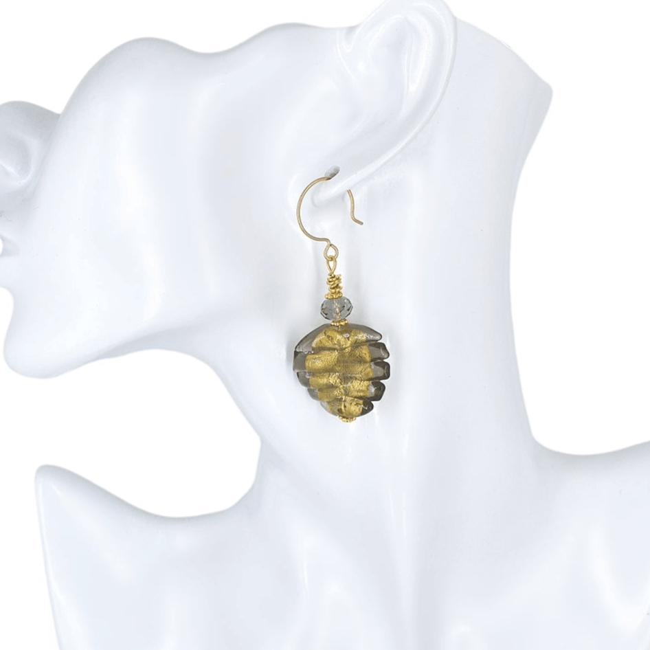 Gold and Gray Wavy Murano Glass Earrings with Austrian Crystals on Gold Filled Earring Wires  