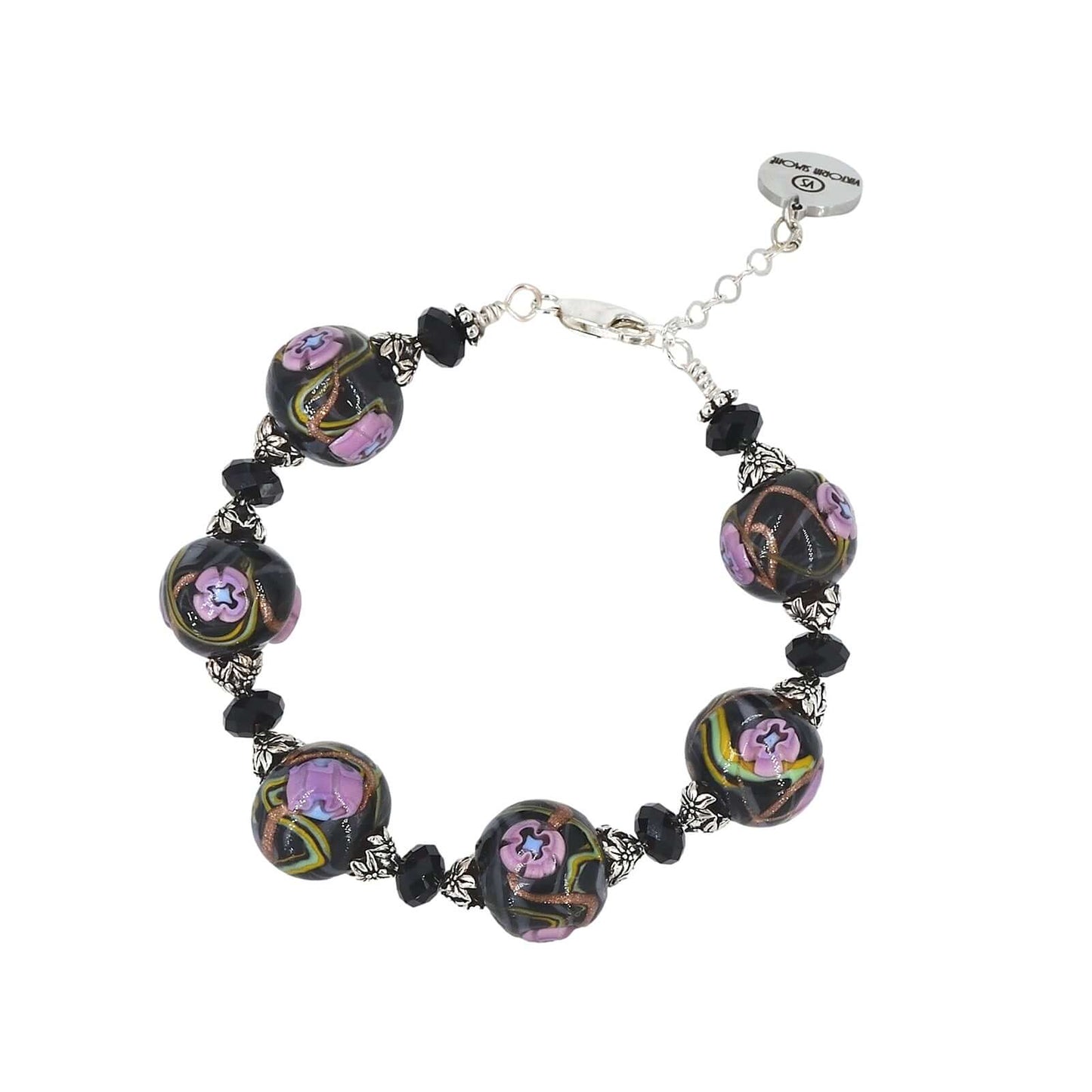 Italian Black Pink Floral Murano Glass & Crystal Bead Bracelet  