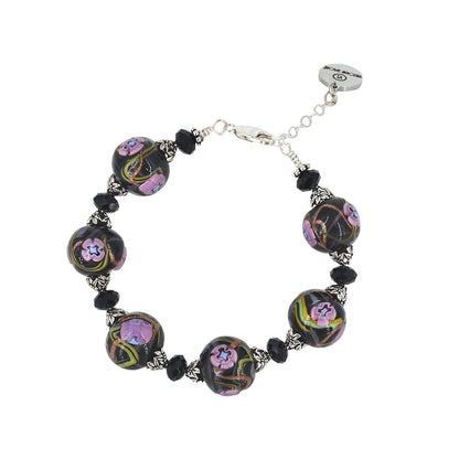 Italian Black Pink Floral Murano Glass & Crystal Bead Bracelet  