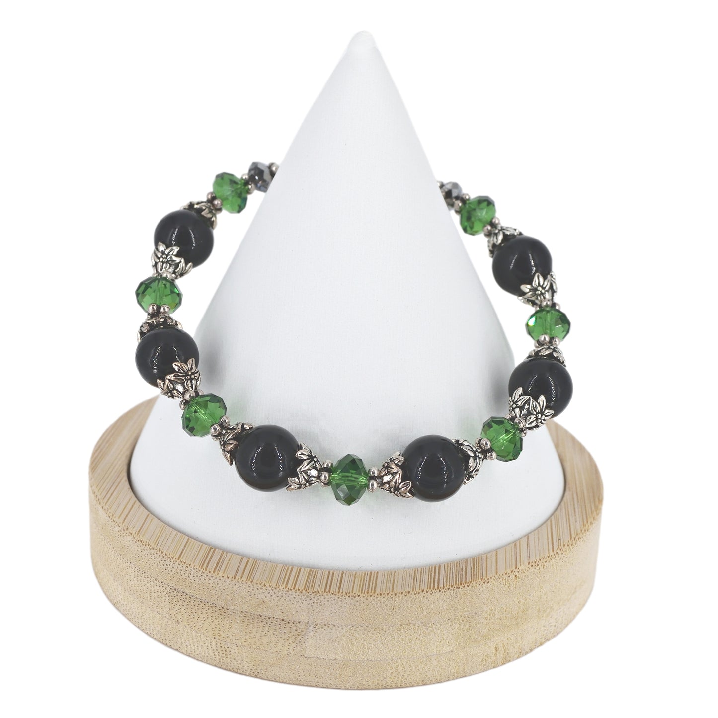 Italian Black & Green Murano Glass & Crystal Bead Bracelet  