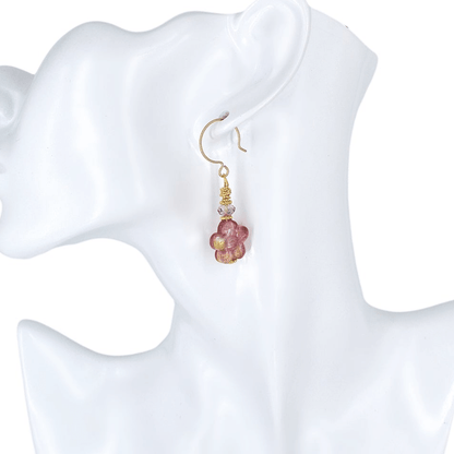 Pink Floral Venetian Bead Dangle Earrings with Austrian Crystals on Gold Filled Earring Wires  