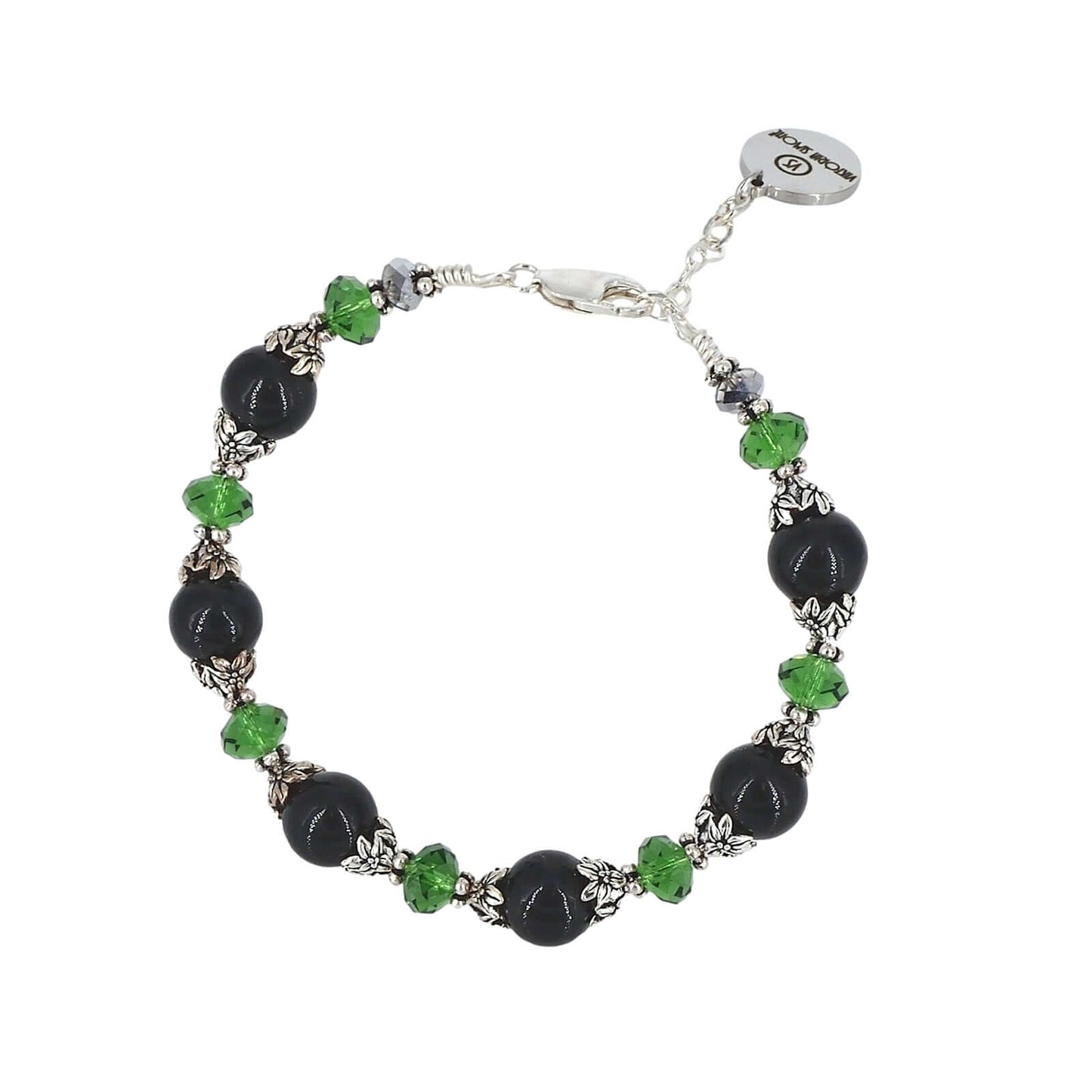 Italian Black & Green Murano Glass & Crystal Bead Bracelet  