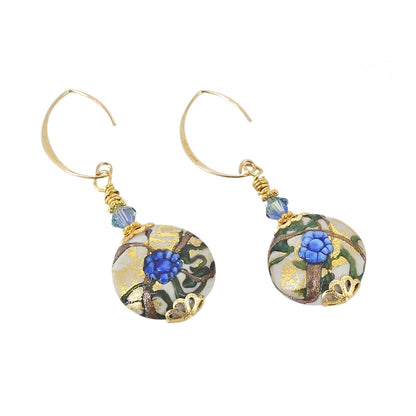 Blue Floral Large Lentil Venetian Bead Earrings with Gold-Filled Earring Wires  