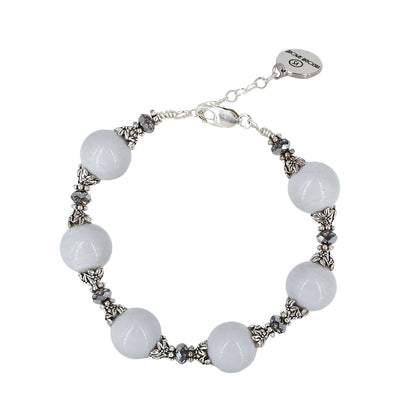 Italian Gray Round Murano Glass & Crystal Bead Bracelet & Sterling Silver Clasp  