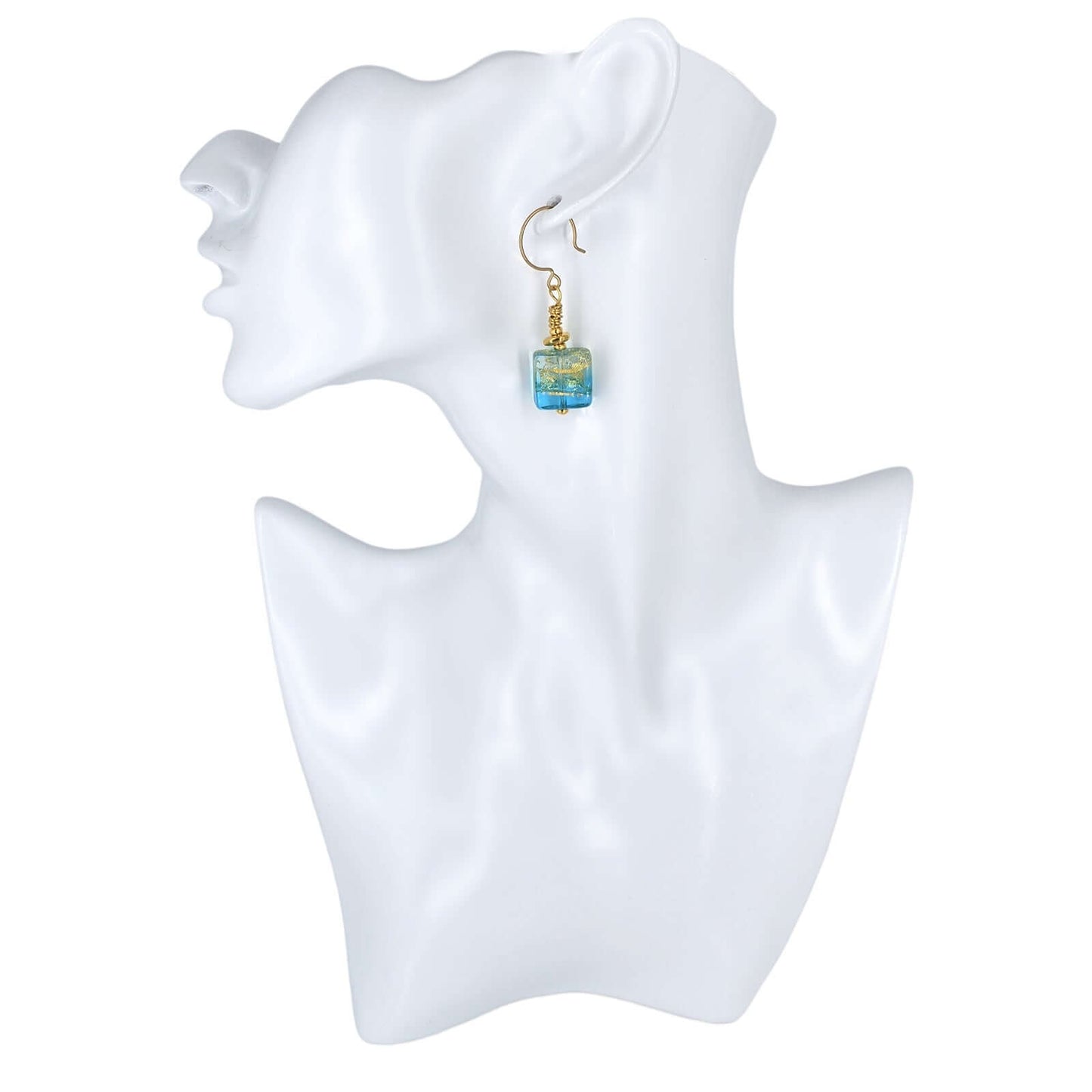 Blue and Gold Murano Glass Drop Earrings with Gold Filled Earring Wires  