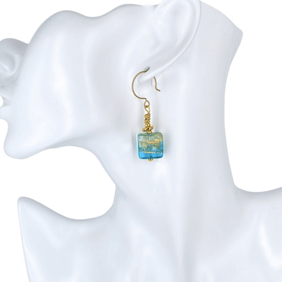 Blue and Gold Murano Glass Drop Earrings with Gold Filled Earring Wires  