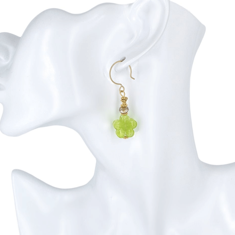 Green Floral Venetian Bead Earrings with Austrian Crystal on Gold Filled Earring Wires  