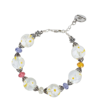 Italian White Yellow Floral Murano Glass & Crystal Bead Bracelet  