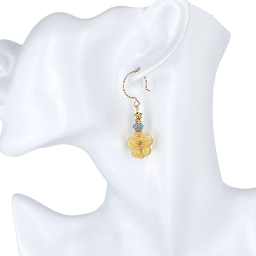 Topaz Floral Murano Bead Earrings with Blue Austrian Crystal on Gold Filled Earring Wires  