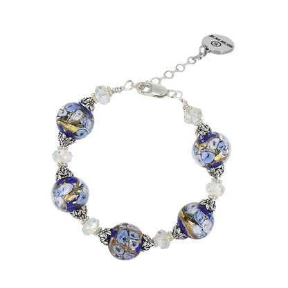 Italian Blue Floral with Silver Murano Glass & Crystal Bead Bracelet  