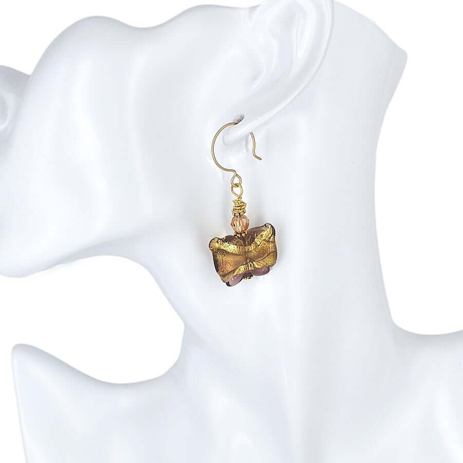 Amethyst and Gold Butterfly Murano Glass Bead Earrings with Austrian Crystal  