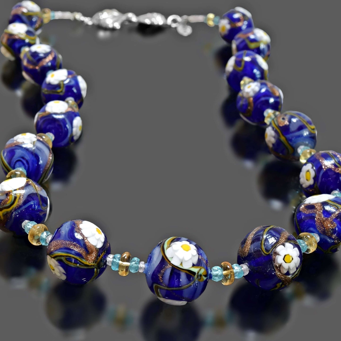 Blue Floral Round Murano Glass Ball Bead Necklace with Citrine and Apatite Gemstones  