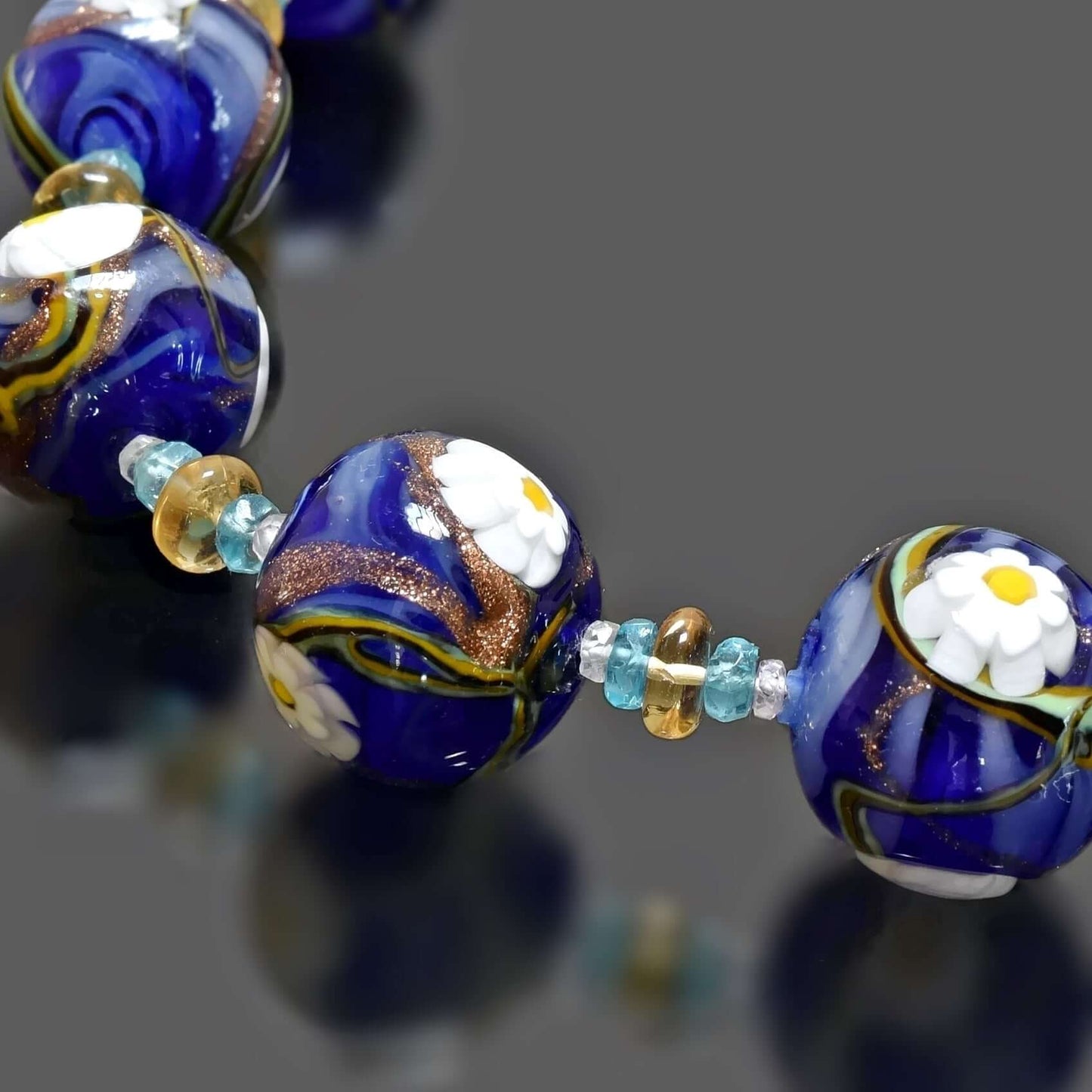 Blue Floral Round Murano Glass Ball Bead Necklace with Citrine and Apatite Gemstones  