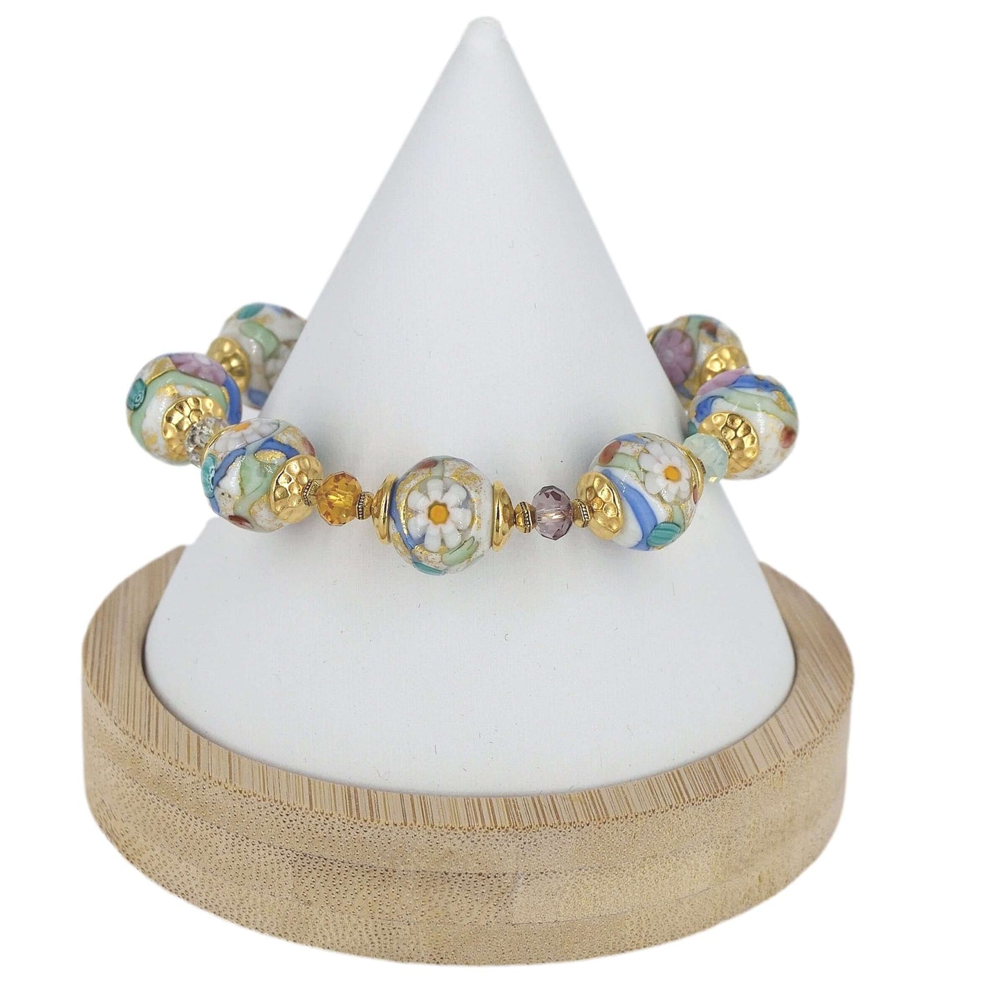 Multi-Color Floral Murano Glass Bead Bracelet with Austrian Crystals and Gold Filled Clasp  