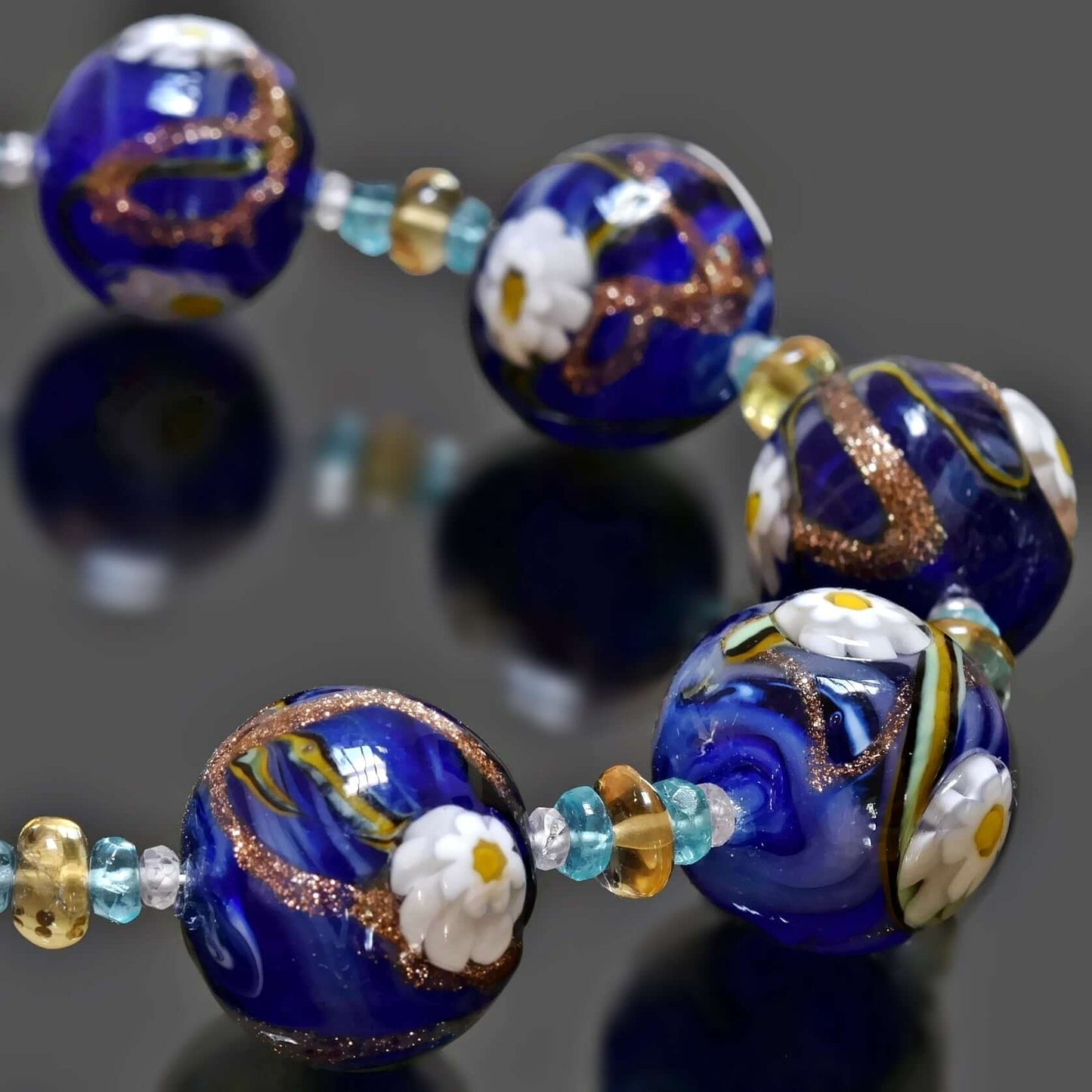 Blue Floral Round Murano Glass Ball Bead Necklace with Citrine and Apatite Gemstones  