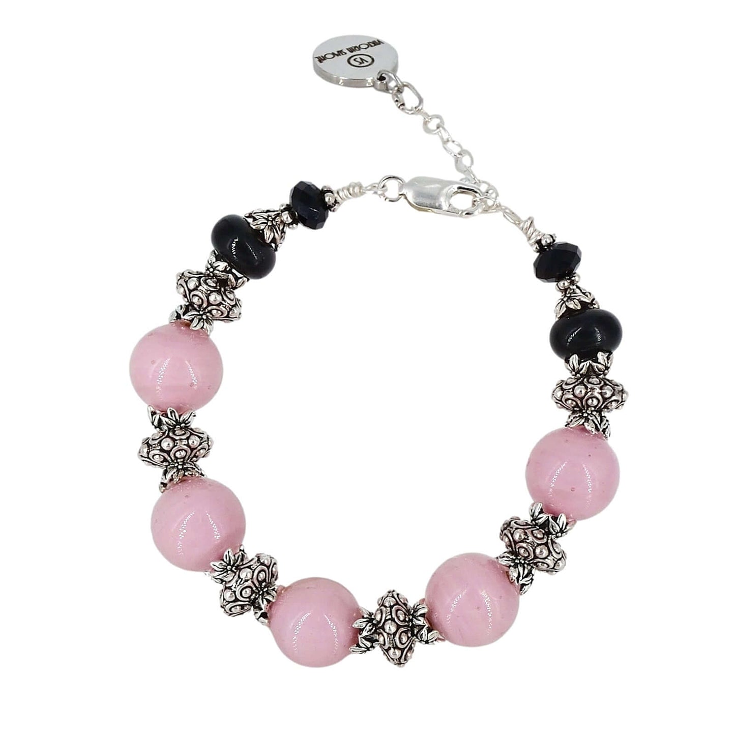 Italian Pink Black Round Murano Glass and Austrian Crystal Cuff Bracelet with Sterling Silver Clasp  