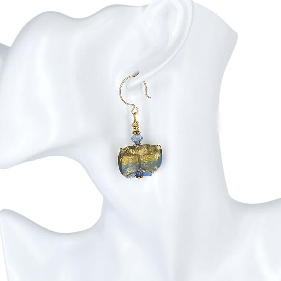 Gold and Blue Murano Glass Butterfly Earrings with Austrian Crystals on Gold Filled Earrings  