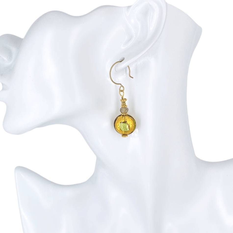 Modern Venetian Bead Dangle Earrings with Smoky Austrian Crystal on Gold Filled Earring Wires  