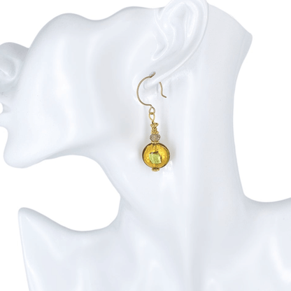 Modern Venetian Bead Dangle Earrings with Smoky Austrian Crystal on Gold Filled Earring Wires  