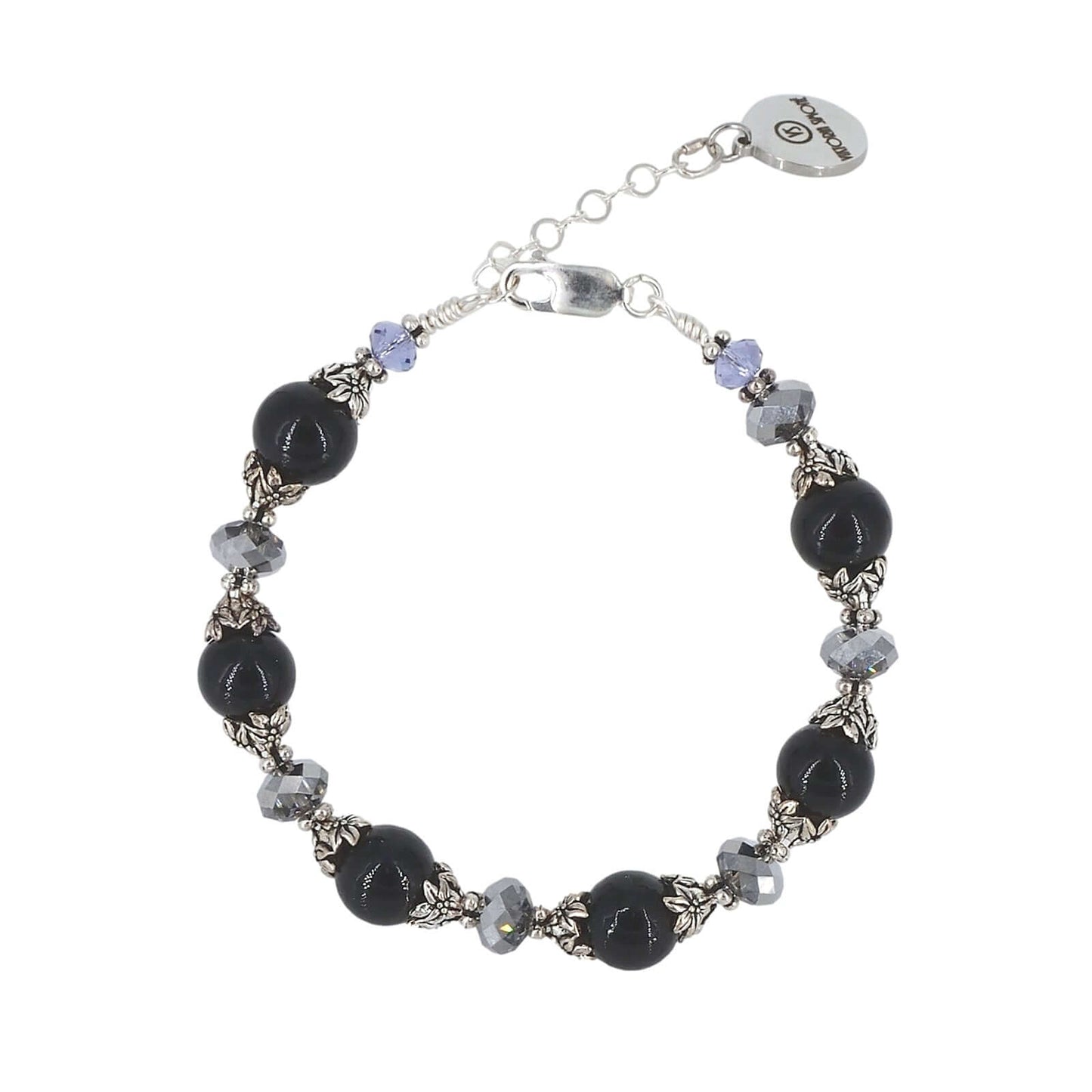 Italian Black & Gray Murano Glass & Crystal Bead Bracelet  