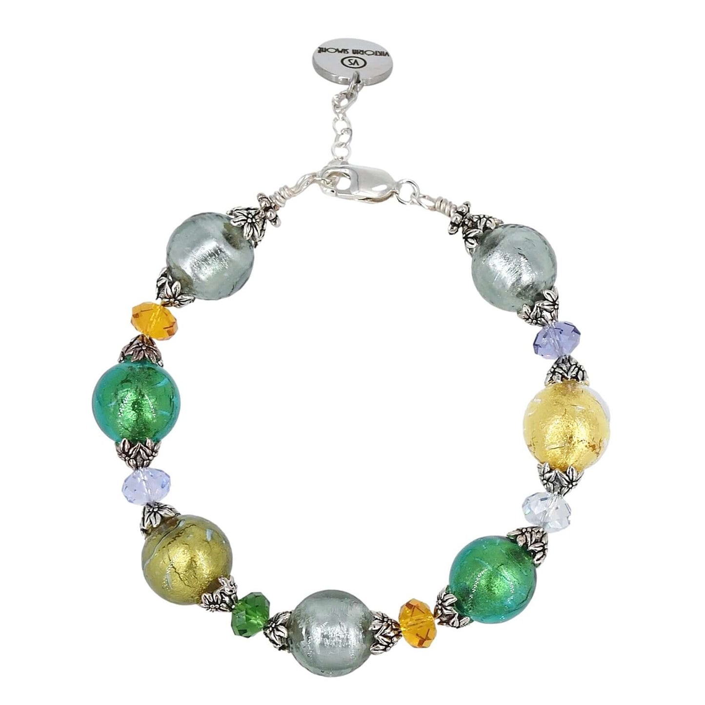 Italian Multicolor Murano Glass & Crystal Bead Bracelet with Sterling Silver Clasp  