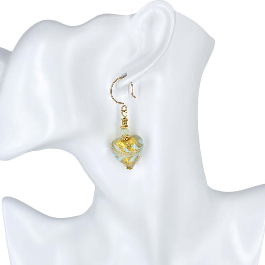 Light Blue and Gold Venetian Glass Bead Earrings with Austrian Crystals on Gold Filled Earring Wires  