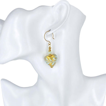 Light Blue and Gold Venetian Glass Bead Earrings with Austrian Crystals on Gold Filled Earring Wires  