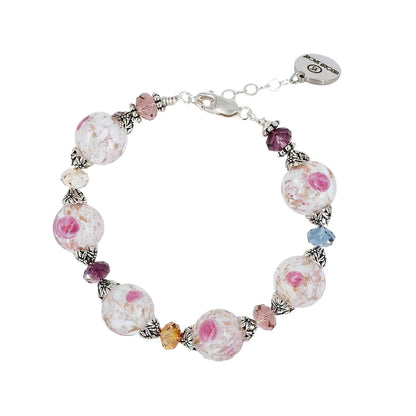 Italian Pink Floral Murano Glass & Crystal Bead Bracelet with Sterling Silver Clasp  