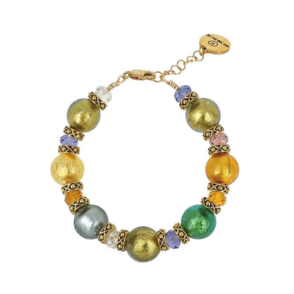 Italian Gold Multicolor Murano Glass & Crystal Bead Bracelet with Gold Filled Clasp  