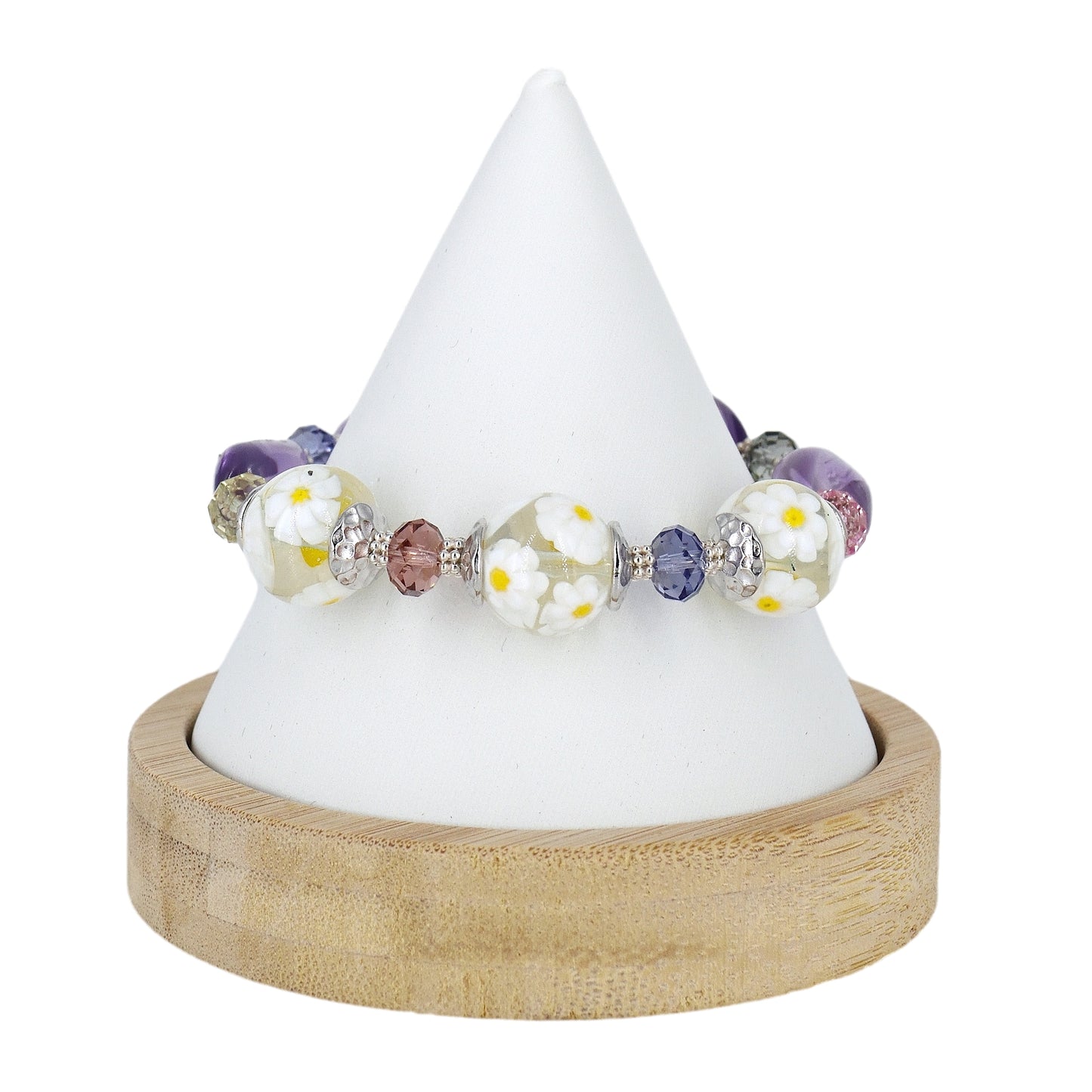 White Daisy Millefiori Italian Bead Bracelet with Large Amethyst Beads and Austrian Crystals  