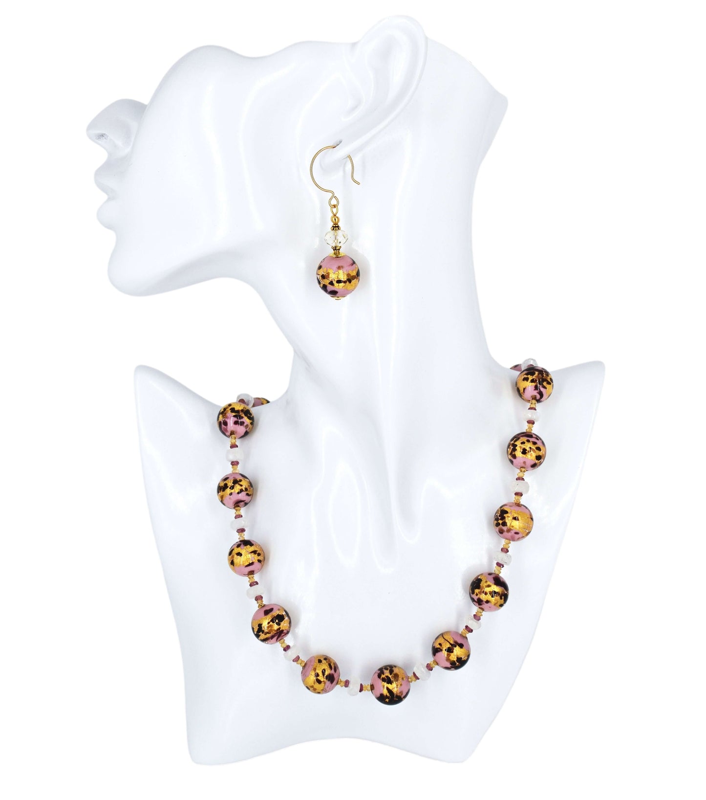 Pink Leopard Spot Italian Bead Necklace with Citrine, Garnet and Moonstone Beads - Sterling Silver Clasp  