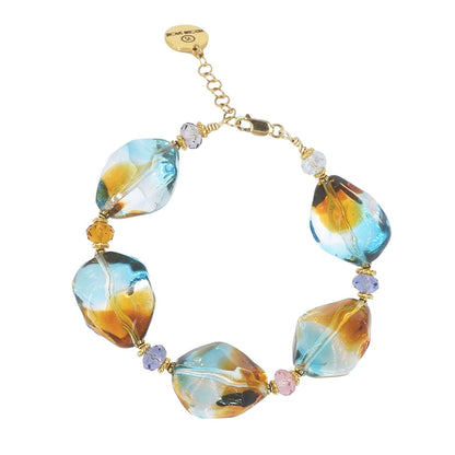 Italian Orange & Blue Bicolor Murano Glass & Crystal Bead Bracelet with Gold Filled Clasp  