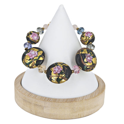 Large Hand-Painted Floral Italian Statement Bead Bracelet  