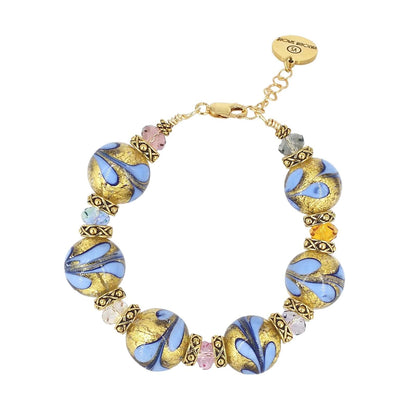 Italian Blue Gold Floral Murano Glass Crystal Bead Bracelet with Gold Filled Clasp  