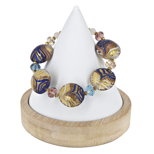 Blue and Gold Italian Murano Glass Bead Statement Bracelet  