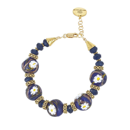 Italian Blue Floral Murano Glass & Crystal Bead Bracelet with Gold Filled Clasp  