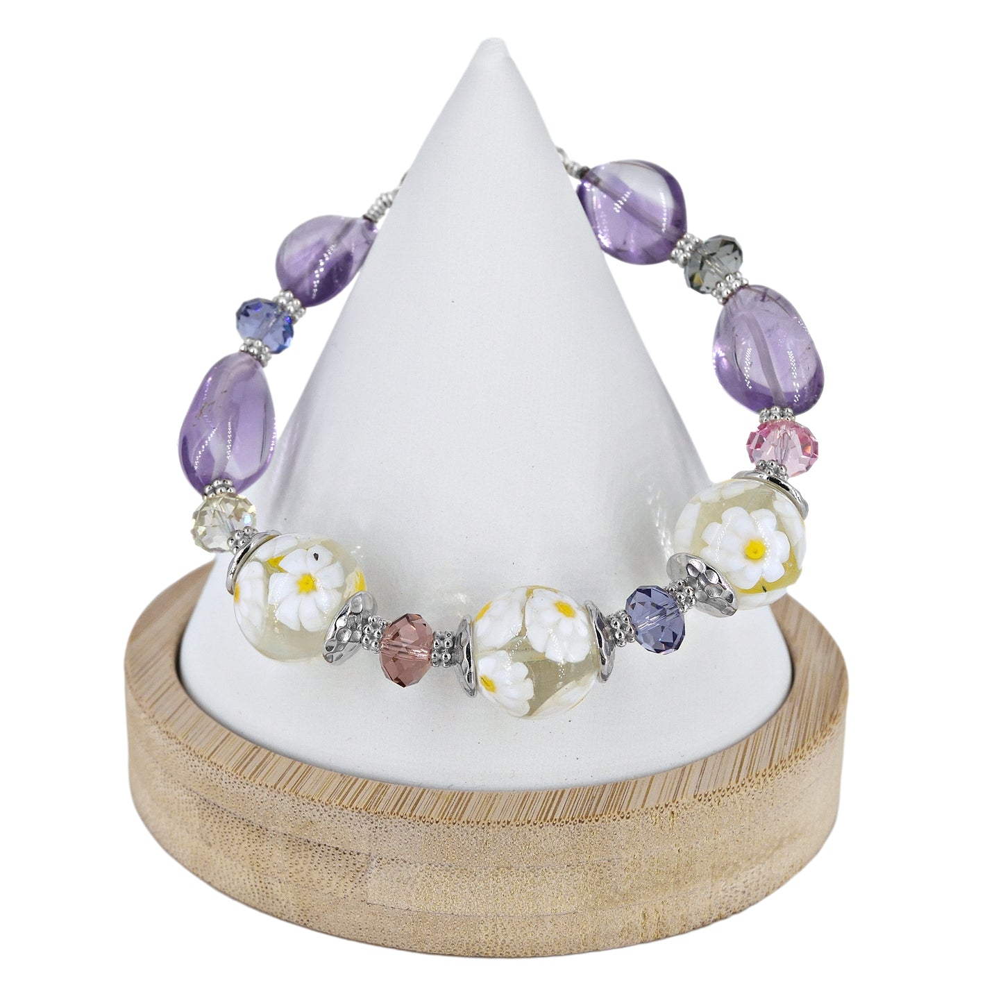 White Daisy Millefiori Italian Bead Bracelet with Large Amethyst Beads and Austrian Crystals  