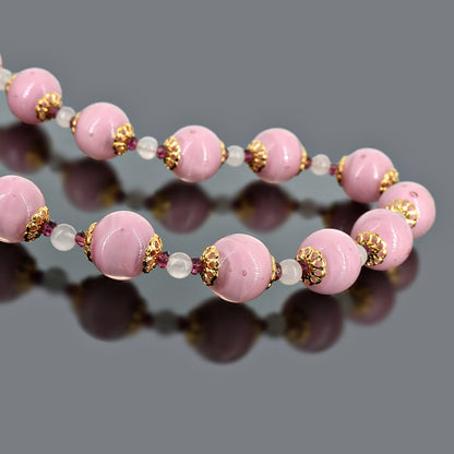 Round Pink Murano Glass Bead Statement Necklace with Garnet and Rose Quartz Gemstones.  