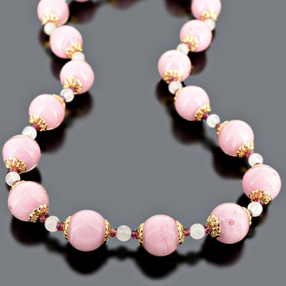 Round Pink Murano Glass Bead Statement Necklace with Garnet and Rose Quartz Gemstones.  