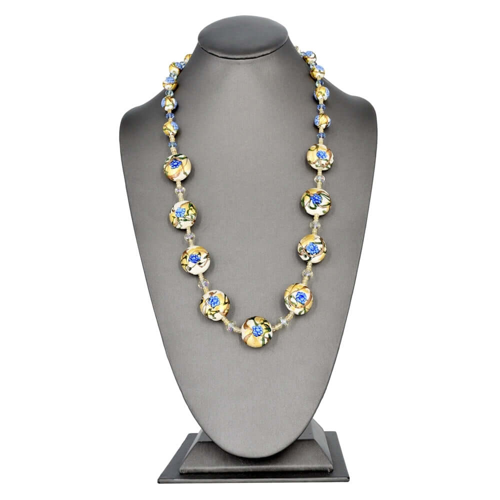 Blue Floral Gold Foil Italian Bead Necklace with Citrine and Austrian Crystals  