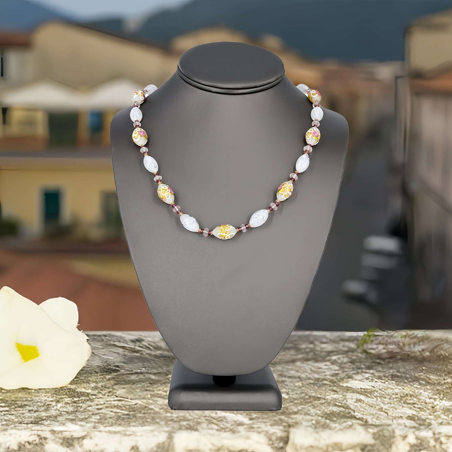 White Floral Wedding Cake Italian Bead Murano Glass Necklace with Citrine, Garnet and Rose Quartz - Sterling Silver Clasp  